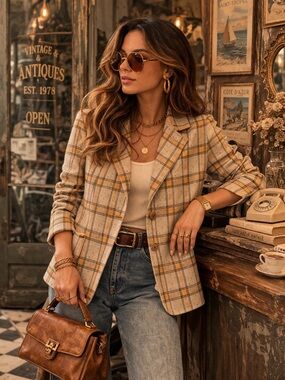 Vintage Plaid Button-Front Women's Jacket in Beige and Brown